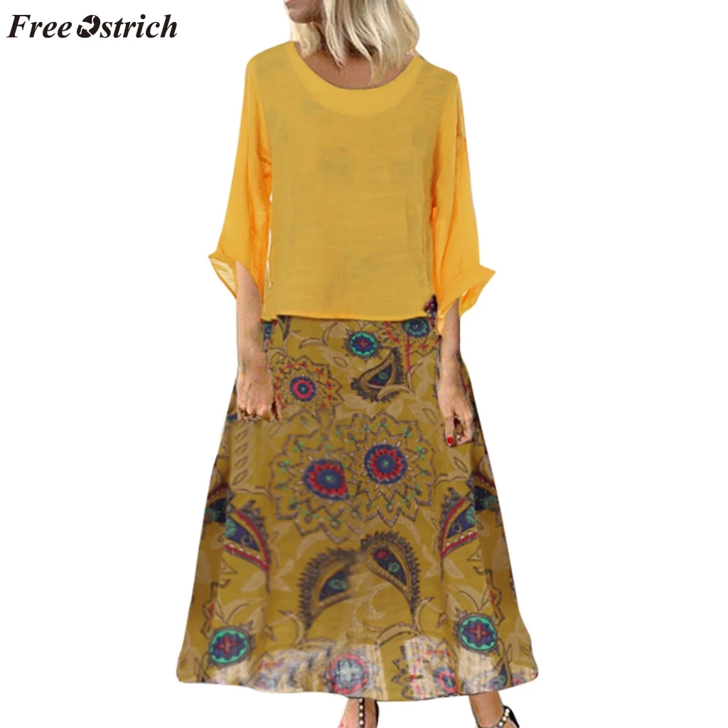 

FREE OSTRICH Two-piece women fashion casual O-neck loose 3/4 sleeve retro daily versatile comfortable casual floral print dress