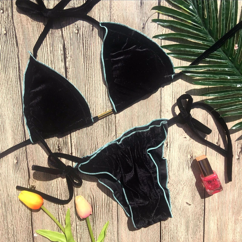Velvet Bikini Set 2018 New Women Bikini Swimsuit Summer Pure Color Sexy Bandage (1)