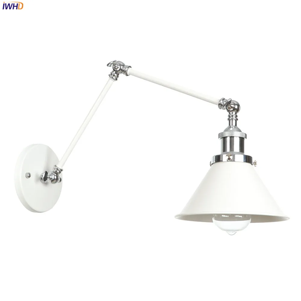 IWHD White Long Arm Vintage Wall Lamp Beside Bedroom Living Room Edison Loft Industrial Style Retro Wall Lights Fixtures LED