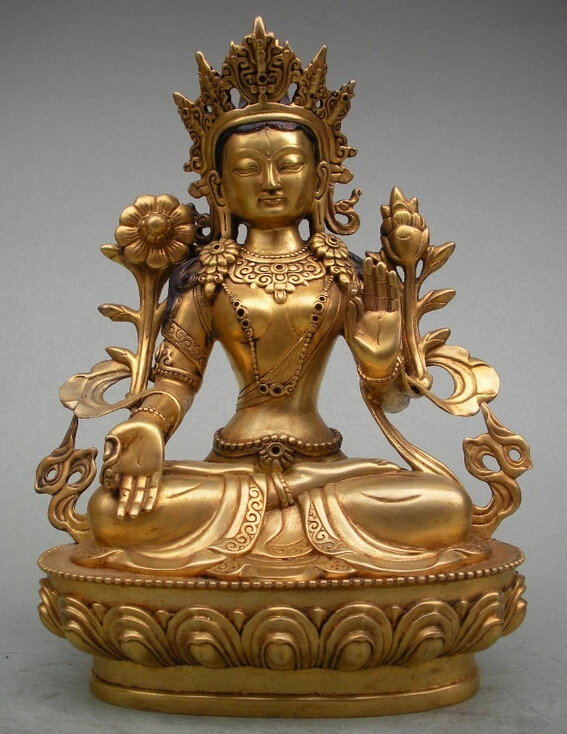 

huij 007331 Tibet Buddhism 100% pure bronze 24K Gold White Tara Kwan-yin Buddha statue