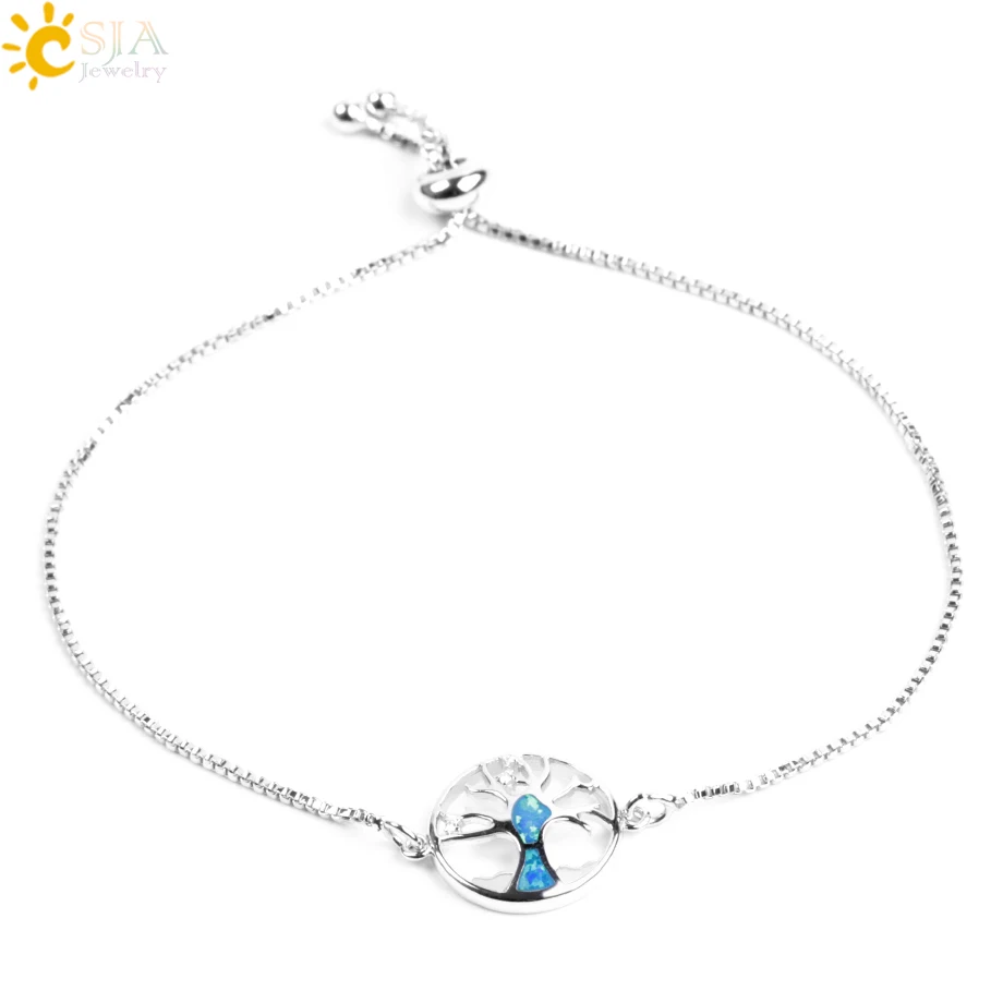 

CSJA Blue Opal Gem Stone Jewelry for Women Box Chain Adjustable Tree of Life Charms Bracelet Anniversary Birthday Gift Hot F080