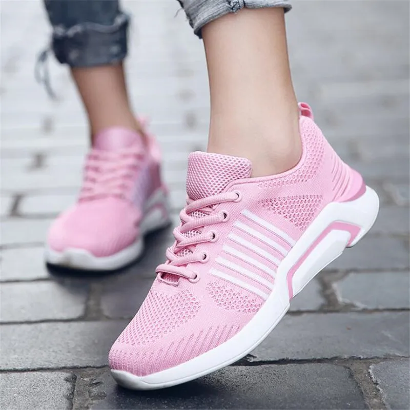 

Sneakers Women Sport Shoes Lace-Up Beginner Rubber Fashion Mesh Round Cross Straps Flat Sneakers Running Shoes Casual Shoes
