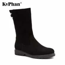 KvPhan 2017 New Sheepskin Suede Boots Mid-calf Black Matte Wool Fur For Winter Women Warm Snow Boots Genuine Leather Zip Shoes