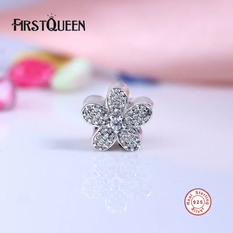 

FirstQueen Brand Dazzling Daisy Clear CZ Charm Beads Fit Original Bracelet Pendants Jewelry With Clear CZ Real Fine Jewelry E