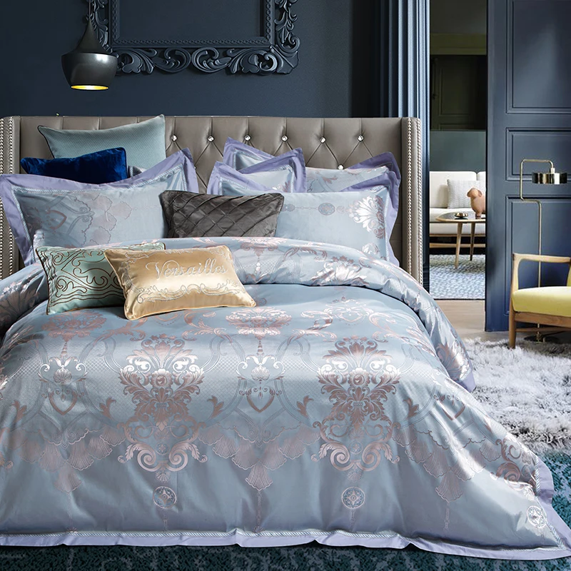 

2018 Blue Purple European Bedding Set 4Pcs Queen King Size Silk Cotton Blend Bedlinens Duvet Cover Set Flat Sheet Pillow Cases