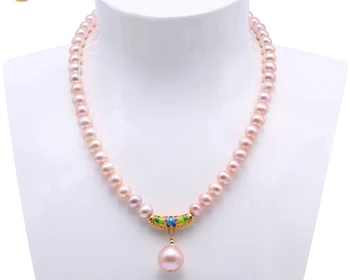

15.5mm Big Freshwater Pearl Pendant - 8-9mm Lavender Pearl Necklace Choker 18"- RPN341