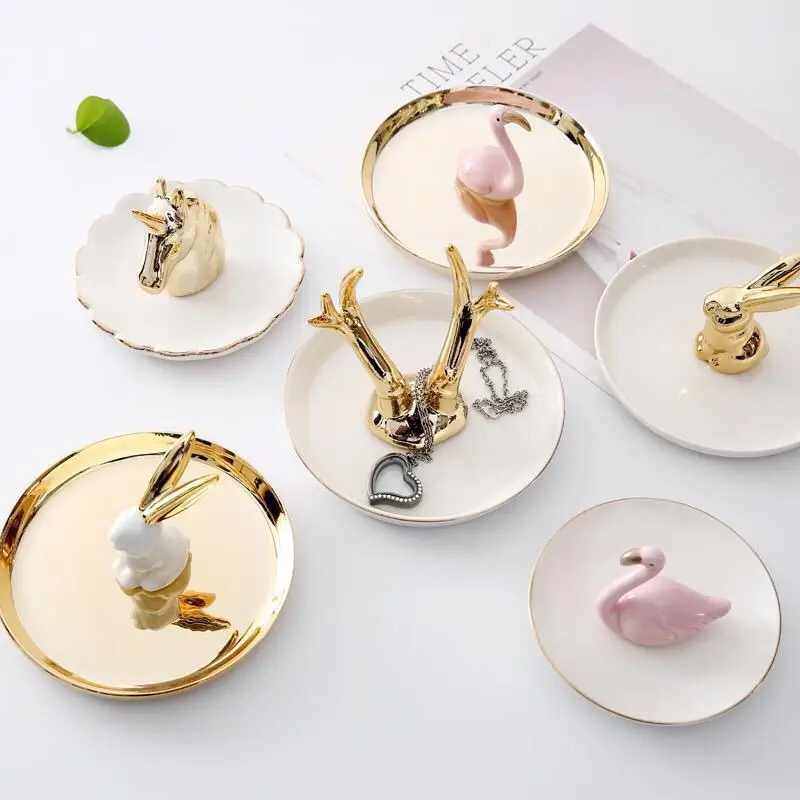 

1Pc Desktop Storage Tray European Ceramic Electroplating Jewelry Rack Golden Antlers Storage Tray For Jewelry Creative Ornament