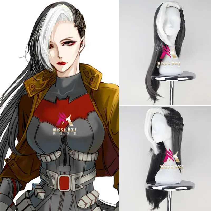 

Japanese Anime StrongBeauty Batman Jason Todd Long Straight Black Grey with White Bang 3 Braid Cosplay Wig +wig cap