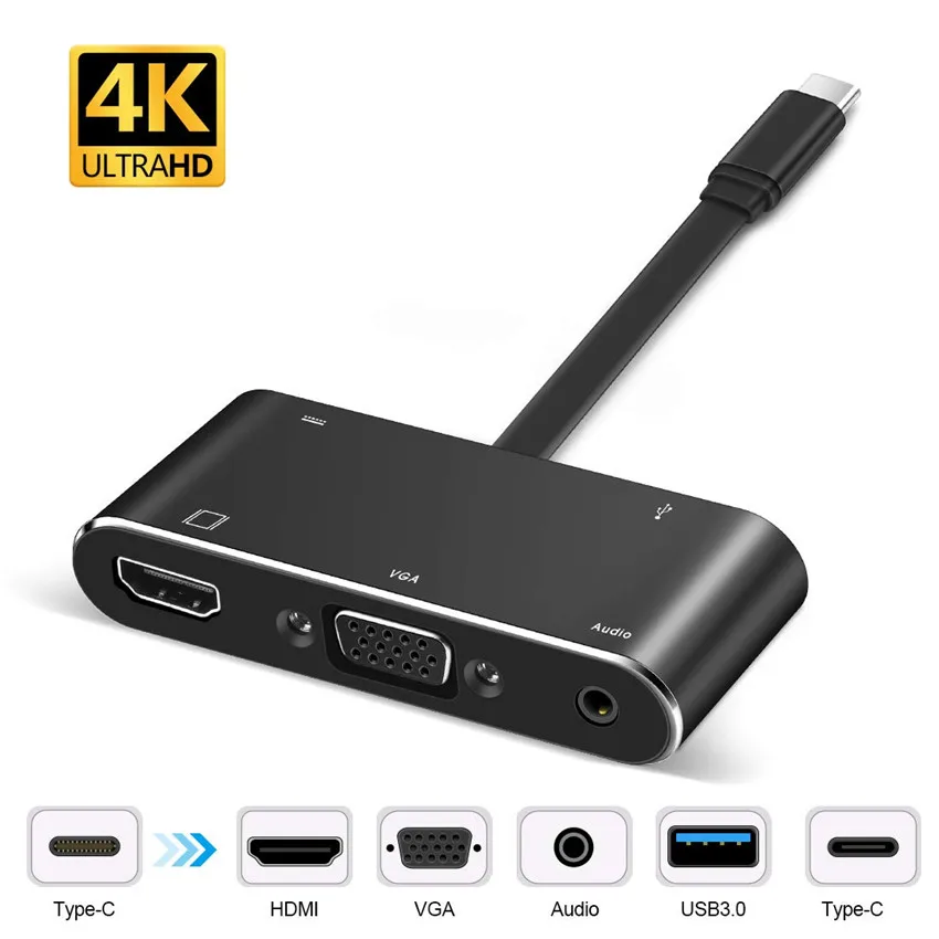 

USB C Hub to HDMI 4K VGA USB3.0 Hub Adapter 5-in-1 USB Type C Converter with 3.5mm Audio and USB-C Fast Charger for MacBook Dell