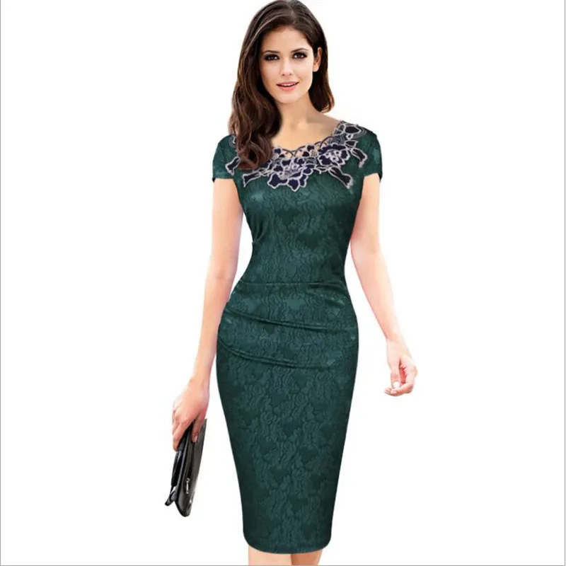 Womens embroidery Elegant Vintage Dobby fabric Hollow out embroidered Ruched Pencil Bodycon Evening Party Dress