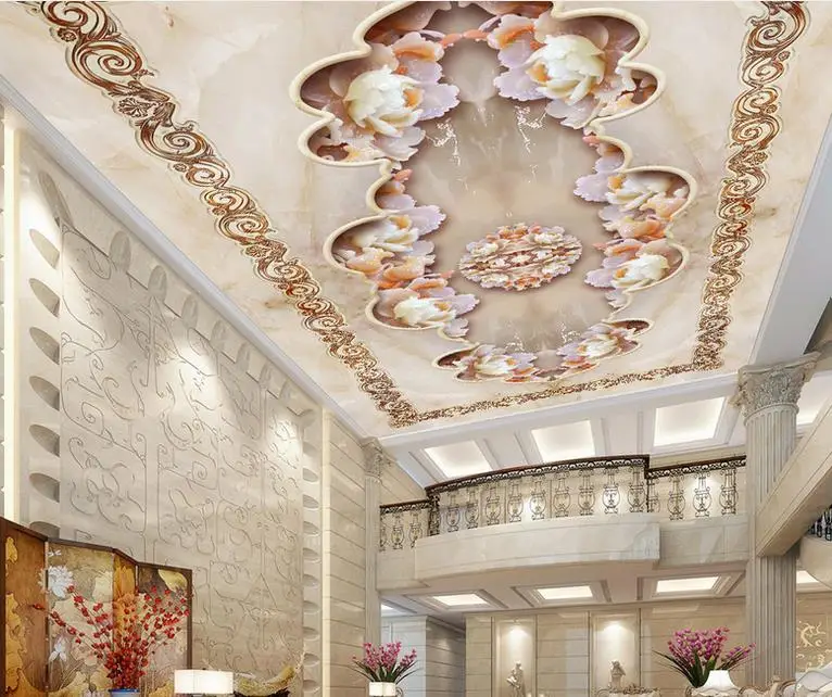 custom 3d ceiling photo Jade carving peony stone wallpaper on the ceiling bedroom 3d stereoscopic wallpaper ceiling murals