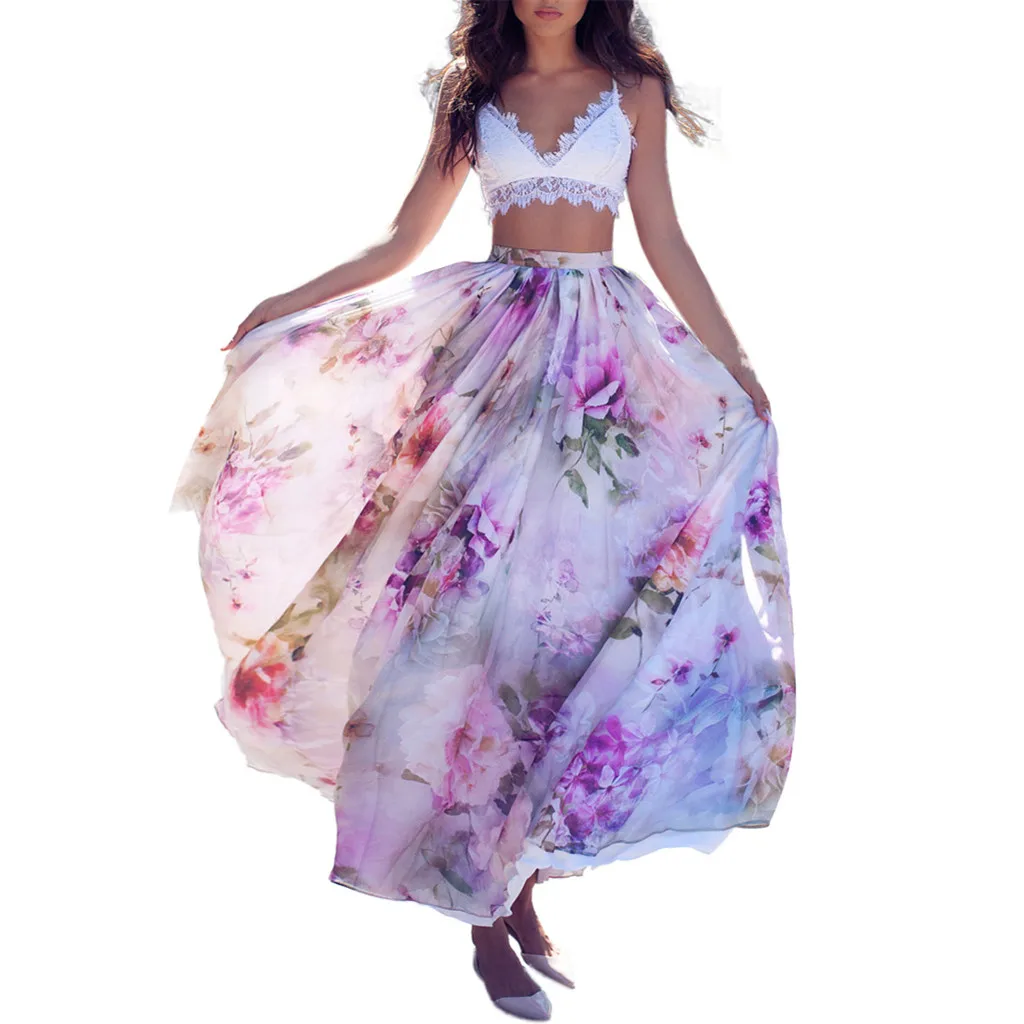 Новая женская летняя шифоновая юбка с принтом модная повседневная плиссированная богемная Женская юбка до щиколотки faldas mujer moda Wd4