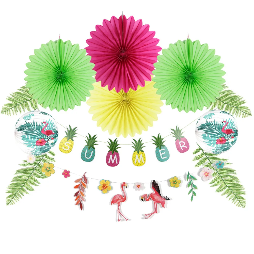 

12pcs Summer Party Decoration Set Pineapple Shape Banner Flamingo and Tropical Leaves Paper Lantern Hawaiian Luau Beach Party