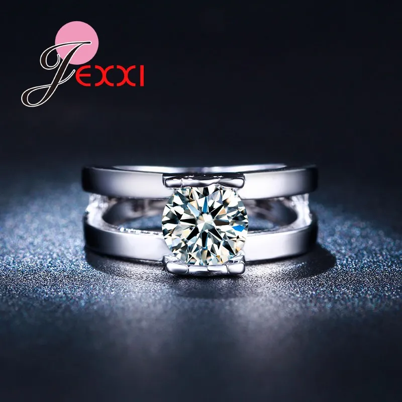 

Jemmin Shiny Clear Round Crystal Fashion Hollow Double Two Band Women Wedding Jewelry Stainless Silver Female Finger Rings
