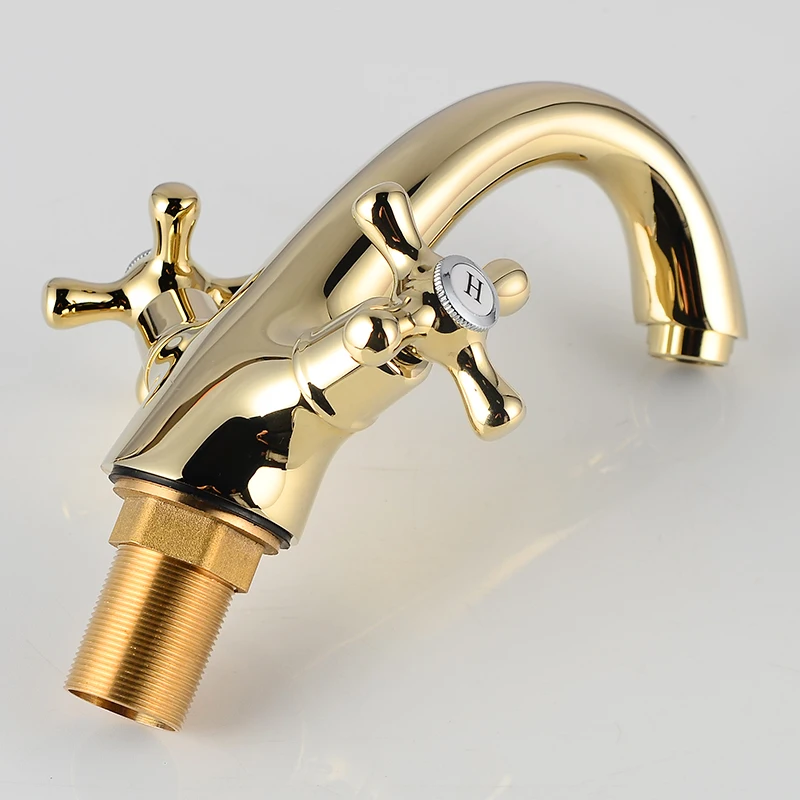 Kaufen Bad Wasserhahn Gold Messing Moderne Becken Wasserhahn Mischer Doppel Griff Waschbecken Wasserhahn Deck Montiert Einzelnes Loch Heiße und Kalte Wasser tippen