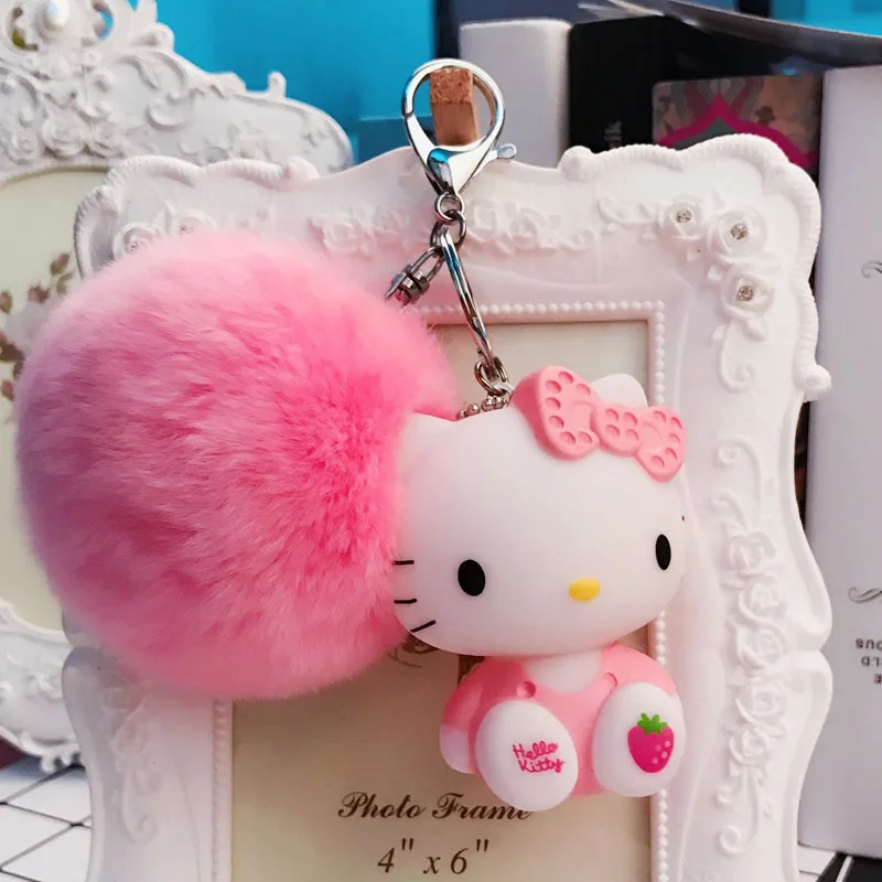 

Cute Hello Kitty Keychain Fluffy Pom Pom Porte Clef Bag Car Key Ring Cartoon Fur Ball Key Chain Chaveiro for Women Cat Keyring