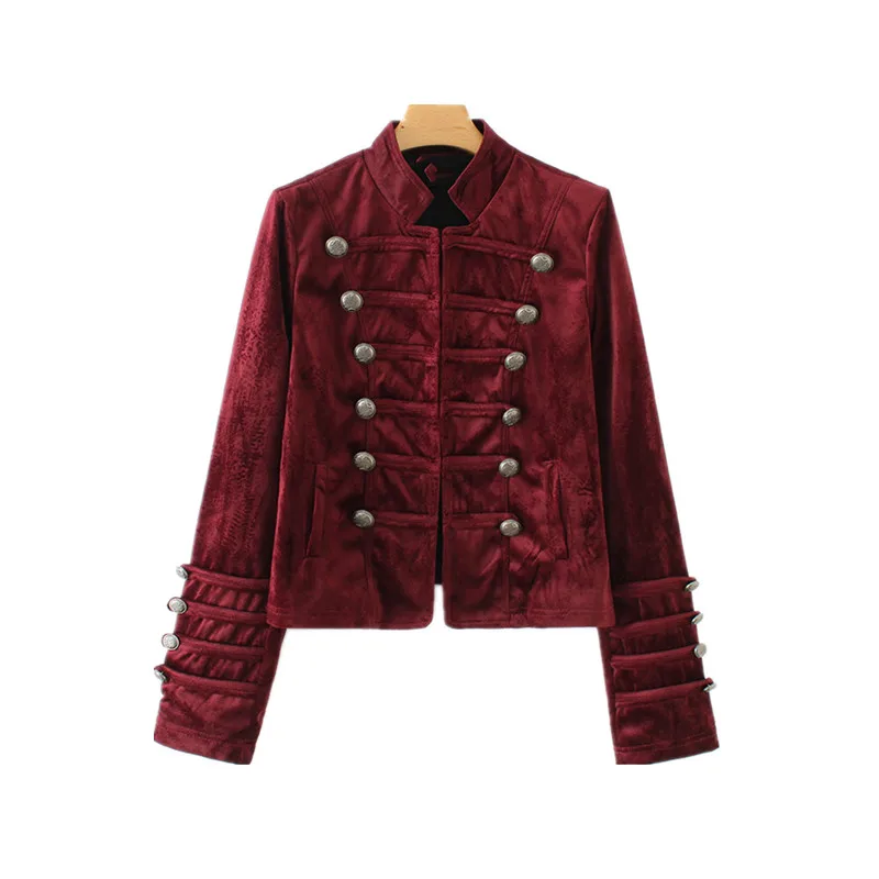

Women Burgundy Velvet Jacket Coat Long Sleeve Button With Pockets Basic Outerwear Female Casual Vintage Chic Tops