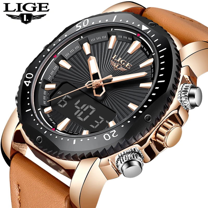 

LIGE Men's Watches Luxury Brand Sport Watch Men LED Digital Waterproof Leather Quartz Watches Man Clock Relogio Masculino+Box