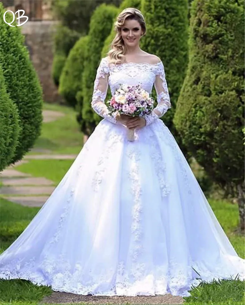 

Elegant Ball Gown Long Sleeve Tulle Lace Beading White Bride Wedding Dresses 2019 New Wedding Gowns Custom Made DW178