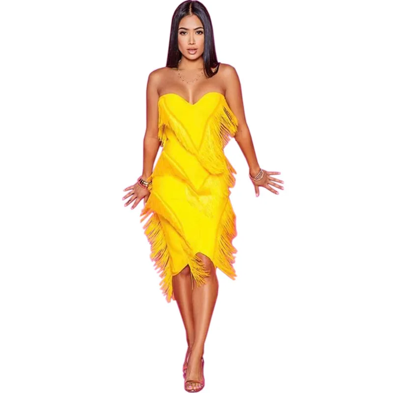 Для женщин летние платье с кисточками элегантные Клубные вечерние платье пикантные с открытыми плечами черный с украшением в виде кисточки платье с бахромой - Цвет: yellow