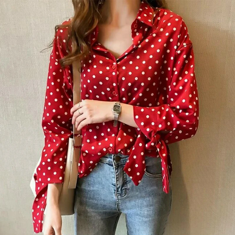 

plus size women blouse office long sleeve women shirts womens tops and blouses fashion red dot chiffon blouse shirt blusas A920