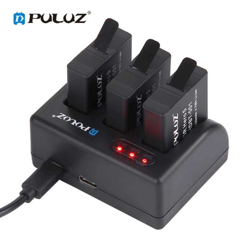 PULUZ Батарея Зарядное устройство с Micro USB Порты и разъёмы и USB-C/Тип-C Порты и разъёмы и светодио дный индикатор для GoPro HERO6/5