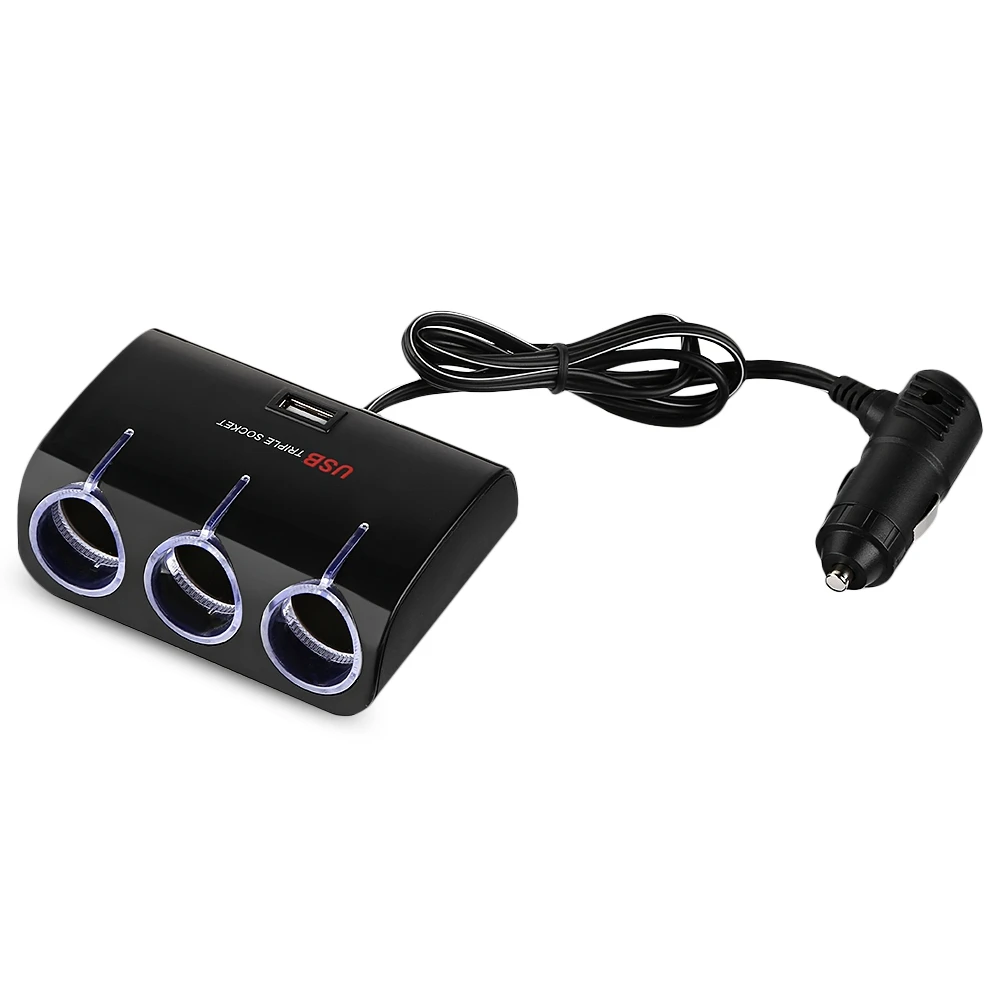 

Blue LED Car Multifunctional 3 Sockets Cigarette Lighter with USB Charging Port Splitter Hub Power Adapter for 12V-24V vehicles