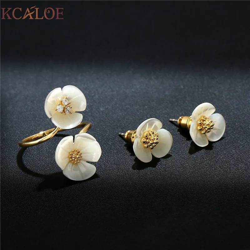 KCALOE модные маленькие цветы Ювелирные наборы для женщин золотого цвета Бижутерия натуральный корпус невесты серьги и кольцо набор