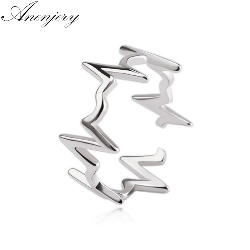 

Anenjery Personality Punk 925 Sterling Silver Rings ECG Lightning Curve Adjustable Index Finger Rings For Women S-R287