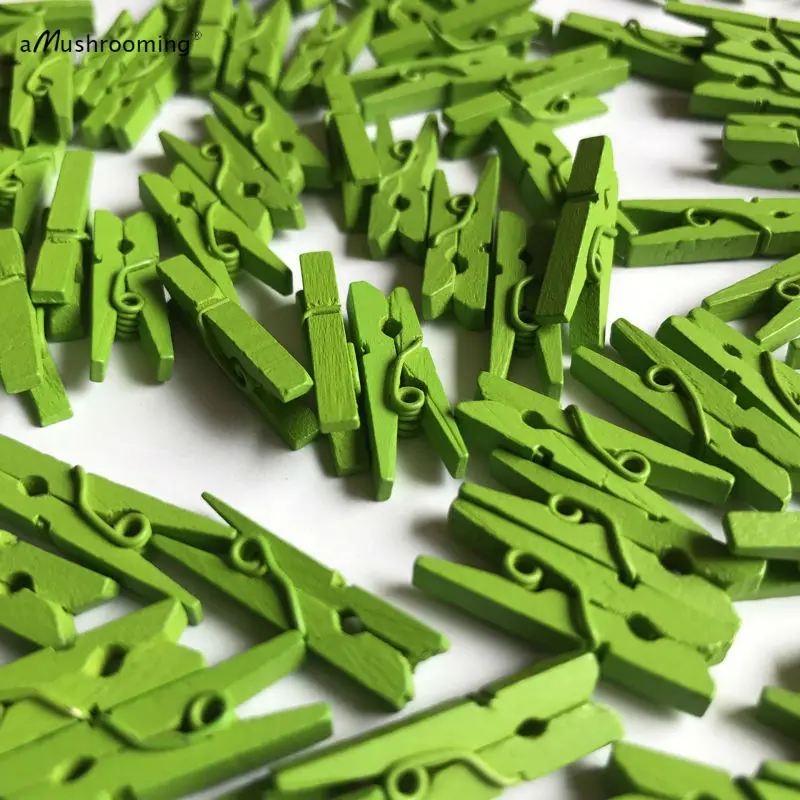 100 x Pea Green Wooden Mini Clothespins Grass Green Miniature Craft
