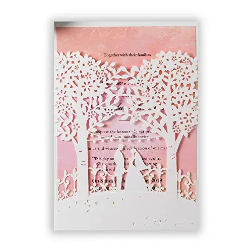  50Pcs White Bride GroomTree Laser Cut Wedding Invitations Card with Envelope and Blank Mint & Pink  - 32989537133