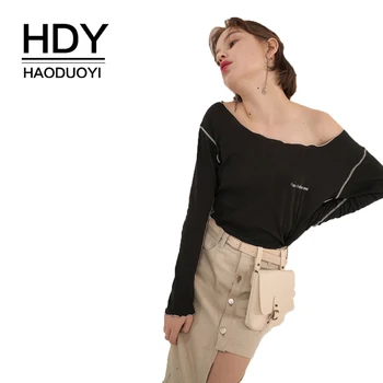 

HDY Haoduoyi Simple Large Neckline Word Collar Off-the-shoulder Stretch Foundation Chic Girl Long-sleeved Ruffles Blouse Shirt