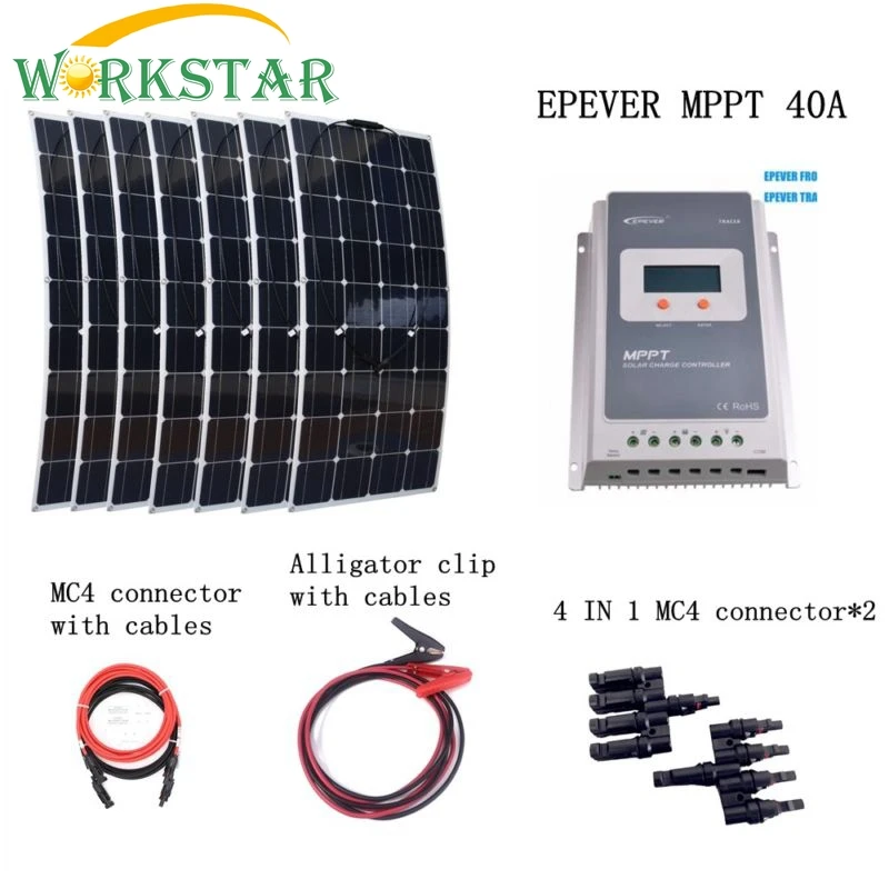 

7*100W Flexible Solar Panel Charger+MPPT 40A Controller with Extended Cables Houseuse 700W Solar Power System Kit Solar Charger