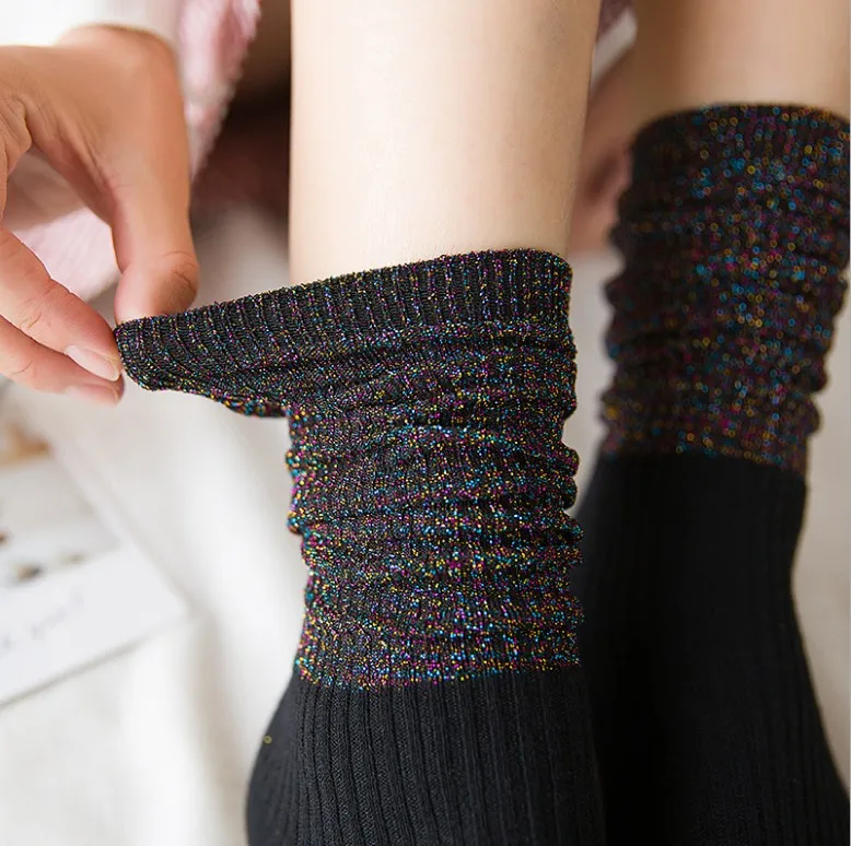 

gtglad 2018 1 Pair Hot Sale 6 colors Shiny Long Socks Autumn and Spring New Fashion Glitter silver Flanging Wild In Tube Socks