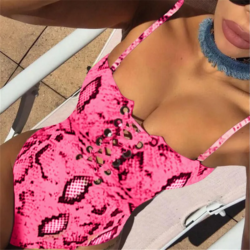 

Neon Green Snakeskin One Piece Swimsuit Monokini Lace Up Leopard Swimwear Women 2019 Sexy Push Up New Bandage Bathing Suit S-L
