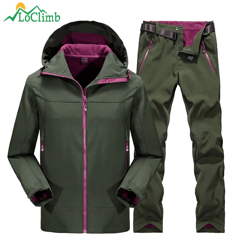 LoClimb Waterproof Softshell Ski Jacket Men Women Winter Fleece Outdoor Sports Pants Trekking Fishing Hiking Jackets Suit AM092