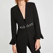 Весенне-осенние новые модные женские пальто с жемчужинами и расклешенными рукавами с v-образным вырезом и оборками, черная элегантная женская верхняя одежда, топы, куртки gx981