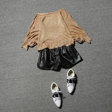 2016 women 2 pieces shorts suits autumn dresses and sequins bat sleeve Pu fashion leather shorts sweater suit DWU4893