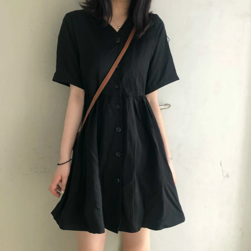 

Mazefeng 2019 New Women Dress Preppy Style Black Women Dresses Short Sleeve A-line Button Casual Mini Dark Female V-neck Dresses