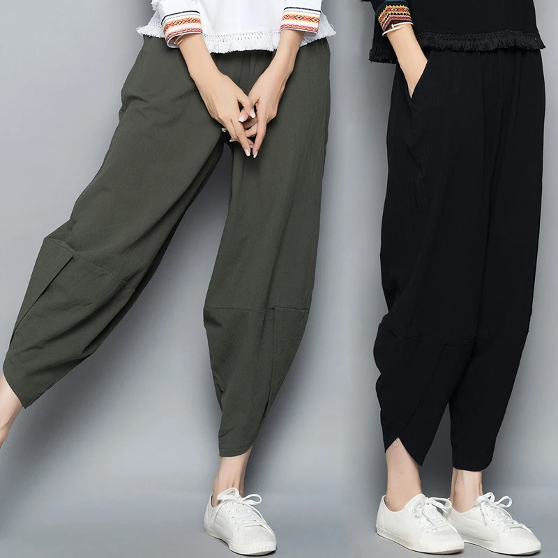 

#0655 Spring Summer Bloomers Pants Women Elastic Waist Cotton Linen Harem Pants Female Casual Trousers Ladies Loose Split Joint