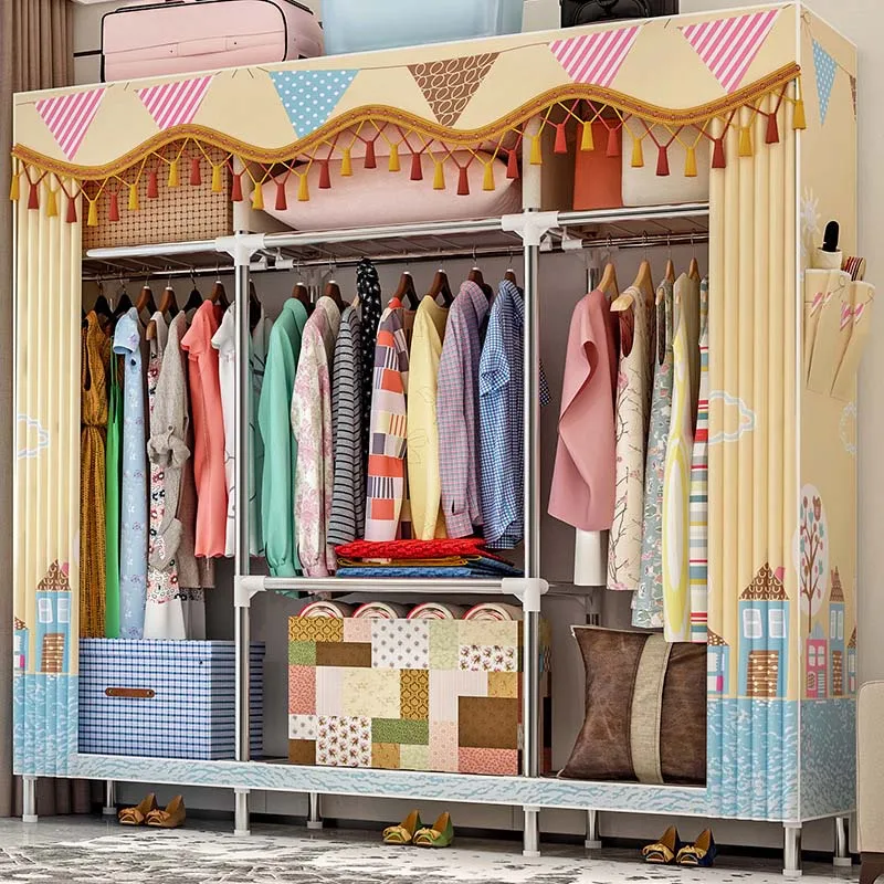 Simple Assembly Wardrobe 25MM Bold Round Tube Wardrobe Cloth Wardrobe Peach Skin Velvet Dust