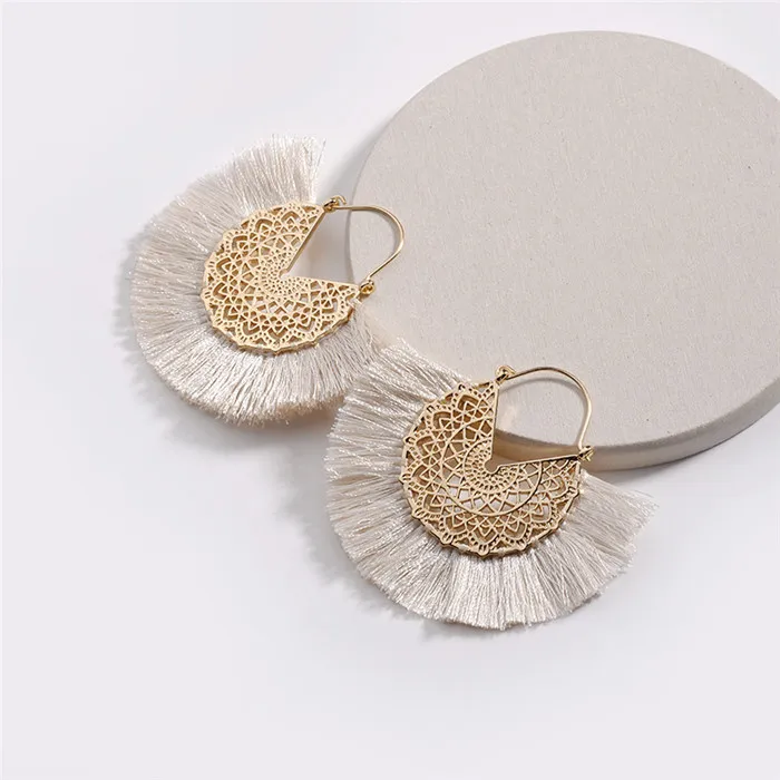 New Women Earrings New Hollow Alloy Silk Thread Fan-Shaped Tassel Female Models Earrings For Ladies D8J102 (4)