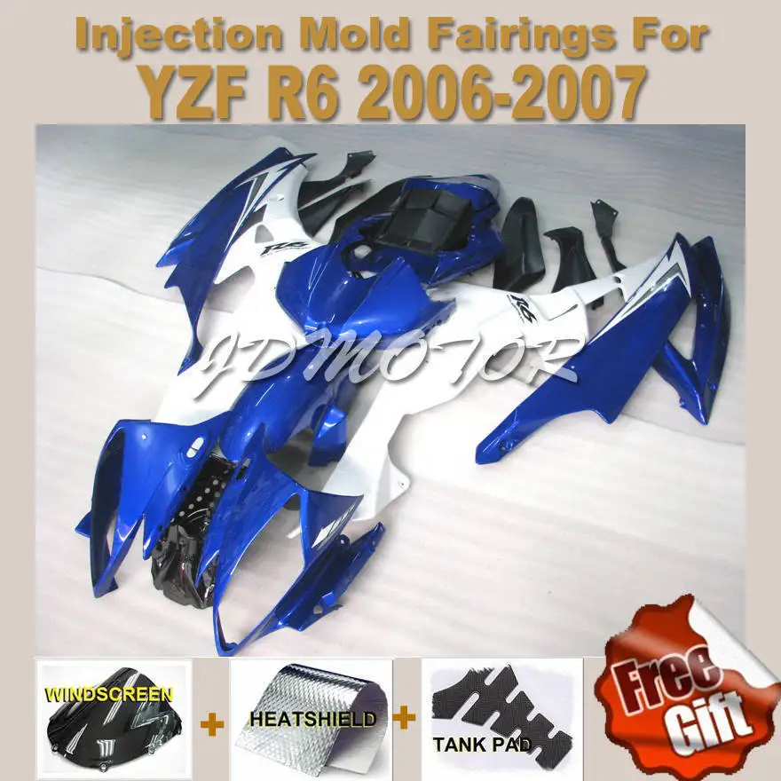 Синий белый YZFR6 Обтекатели для yahama 2007 2006 YZF R6 07 06 #3sdyf6 Pre_drilled плесень кузова + 3