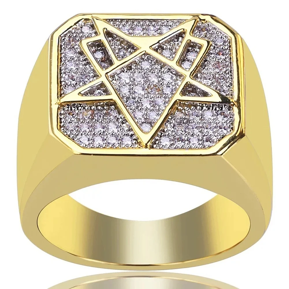 

New Fashion Men's Hip Hop Yellow Gold Filled Cubic Zirconia Masonic Ring Men's Women's Engagement Party Ring