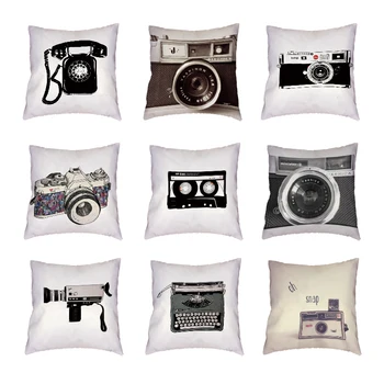 

Retro Camera Series White Cushion Cover Vintage Phone Printed Sofa Decor Throw Pillow Case Polyester Peach Skin Gifts Pillowcase