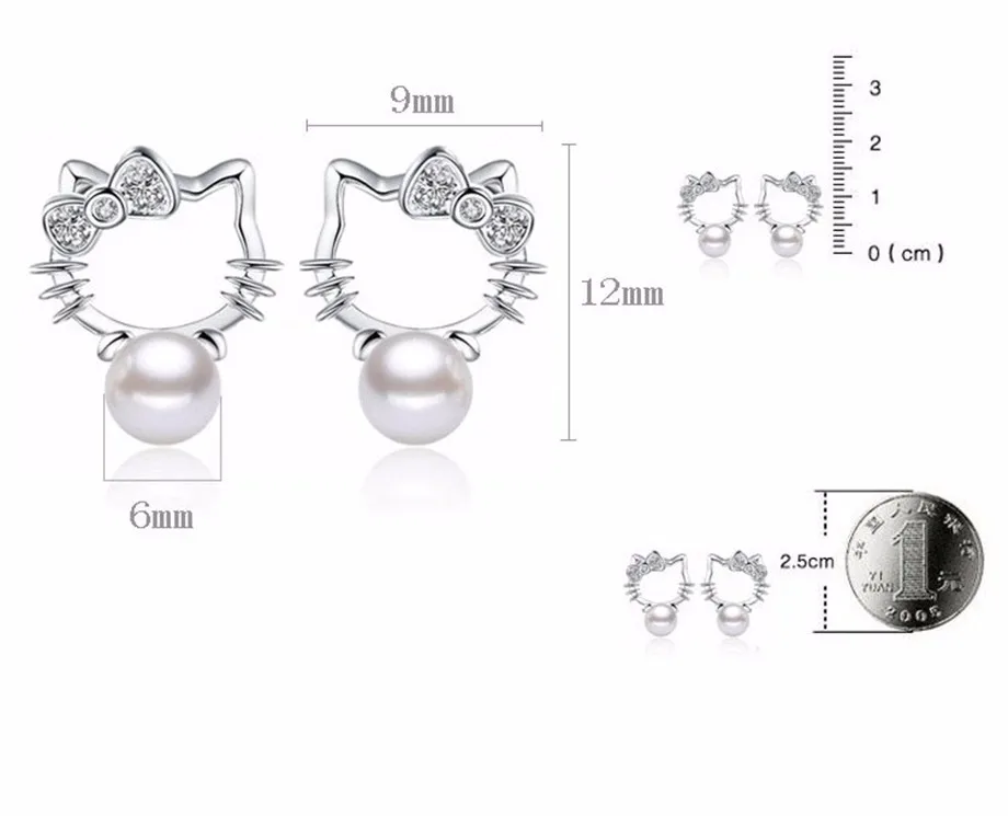 Серебряные Серьги Шамбала с кристаллами, имитация жемчуга, модные ювелирные изделия hello kitty, 8 мм