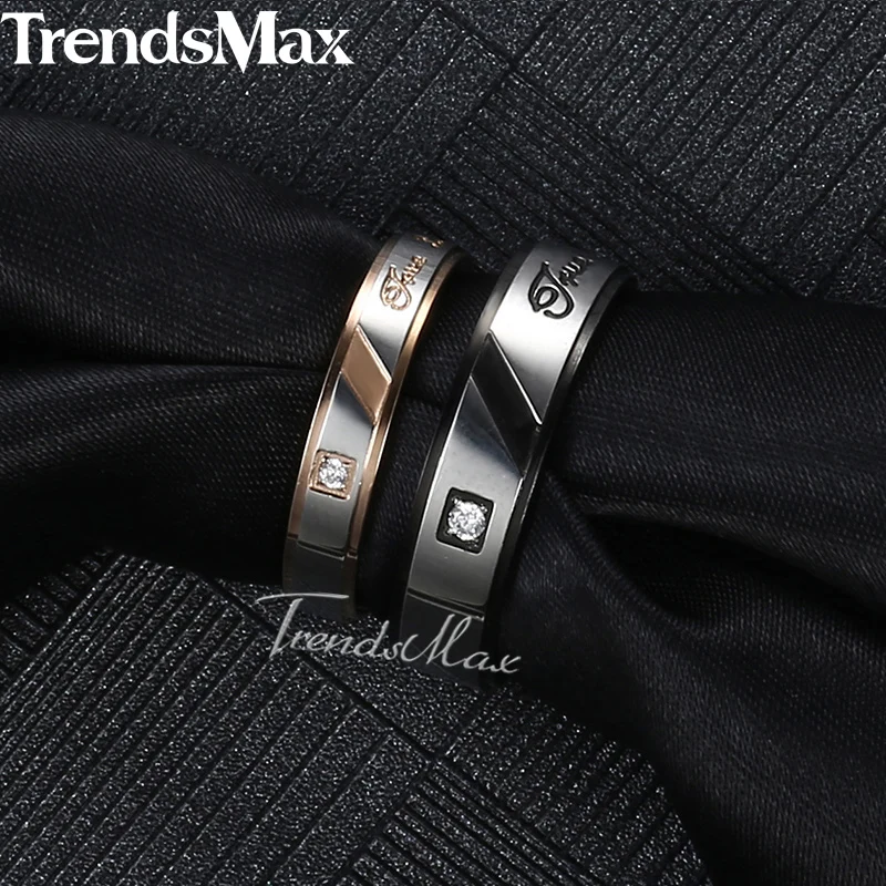 Trendsmax Couples Rings Rose Gold Black Silver Tone Stainless Steel Wedding Band Paved CZ Engagement Jewelry For Women KKRM37