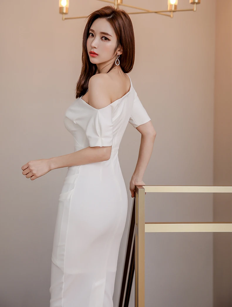 Корейский стиль Летняя женская одежда косой воротник без бретелек Сексуальная Асимметричная сумка бедра платье Оболочка одно плечо