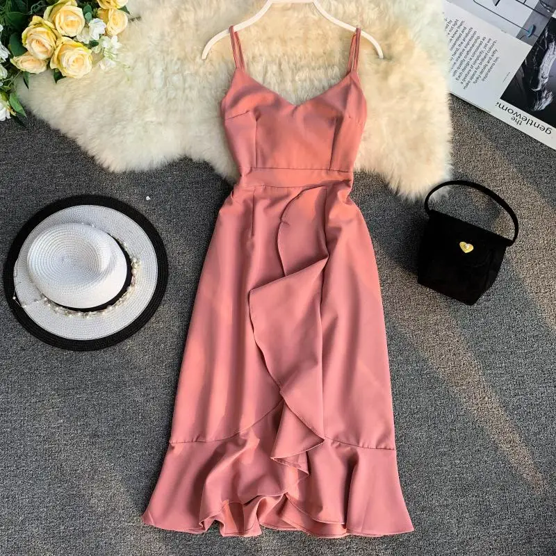 

Retro Pure V-collar Sleeveless Loose Back High waist Irregular Lotus Leaf Edge Medium-length Dress Dress Dress Skirt