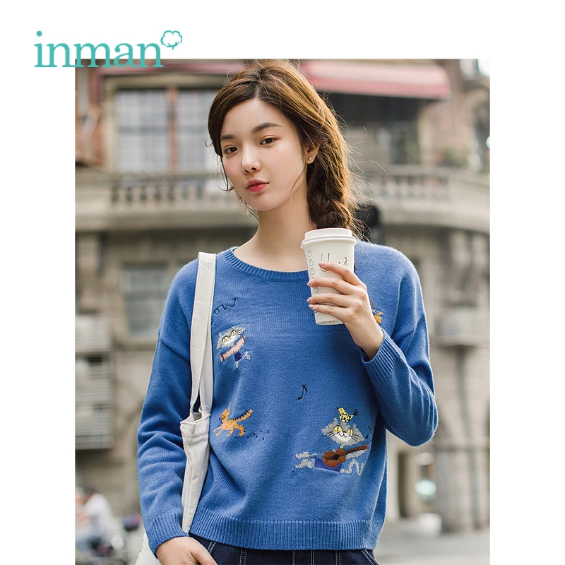 

INMAN 2019 New Arrival Round Collar Cat Embroidery Pattern Loose Style Long Sleeve Women Knitwear